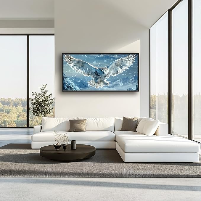 Framed Large Snowy Owl Wall Art for Living Room, Oversized Snowy Mountain Wall Decor Landscape Canvas Painting Modern Artwork Home Decoration for Living Room Bedroom Office 60"x30"