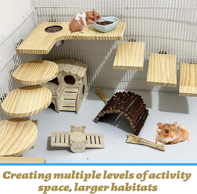 8 Pcs Wooden Hamster Cage Platform Set Wood Juvenile Chinchilla Shelves, Squirrel L-Shape Corner Ledge with Hole Cooling Standing Board Rat Cage Accessories for Gerbil Small Animal Climbing