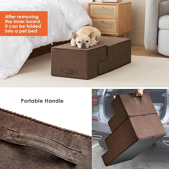 EHEYCIGA Dog Stairs for Bed 20" H, 4-Step Extra Wide Dog Steps for High Bed, Pet Steps for Small Dogs and Cats, Non-Slip Balanced Pet Ramp Indoor, Brown