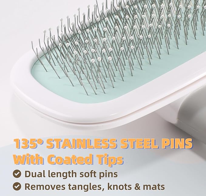 360°Rotating Dog and Cat Brush with Coated Tips and Soft Pins in 2 Length Gentle Slicker Brush for Small Dogs Puppies Yorkies Poodles Removes Loose Fur