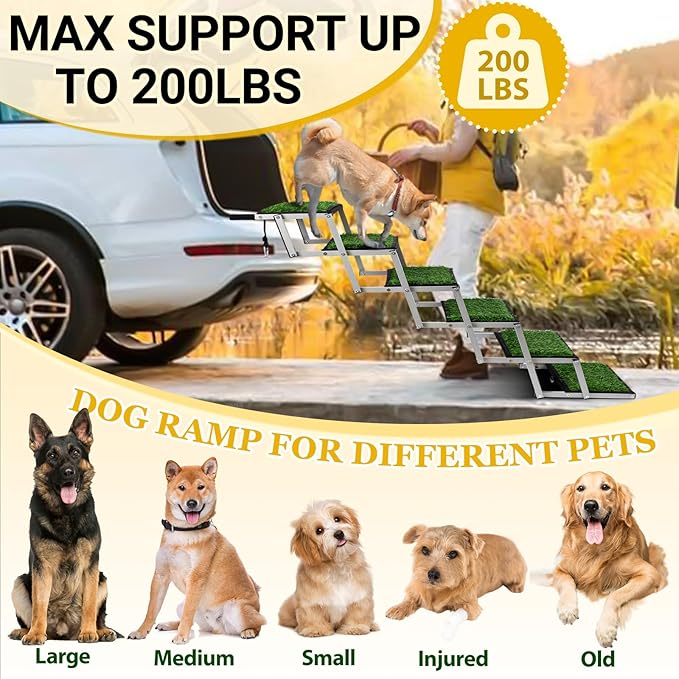 Extra Wide Dog Stairs for Car, Portable Folding Dog Ramps,Doggy Steps for Large Dogs with Non-Slip Grass Rug for Cars, SUV, Trucks, Lightweight Pet Ramp Supports Up to 200 lb, 6 Steps