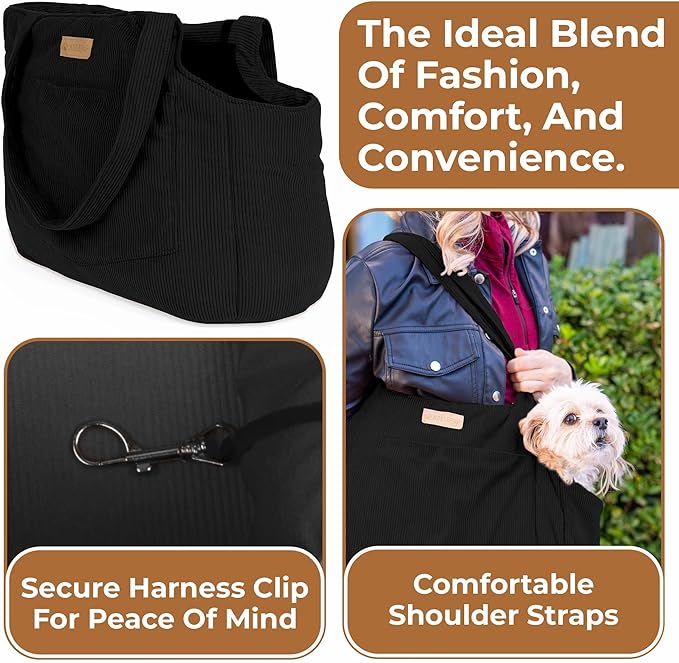 Corduroy Dog Carrier - Lightweight Cotton Soft-Sided Pet Tote with Safety Harness Clip - Breathable Travel Carrier for Small Dogs and Puppies (Black)