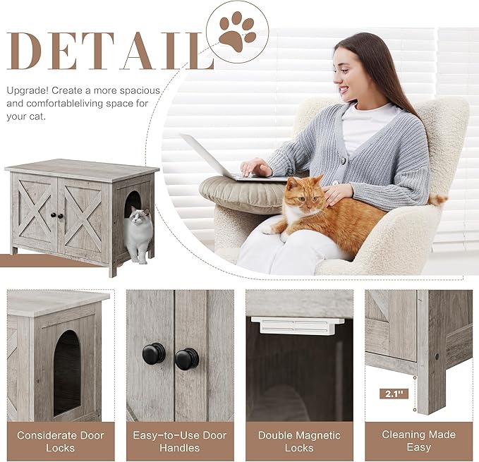 JY QAQA Cat Litter Box Enclosure,Litter Box Furniture Hidden with Barn Door,Wooden Washroom Furniture,Cat House,Fit Most of Litter Box