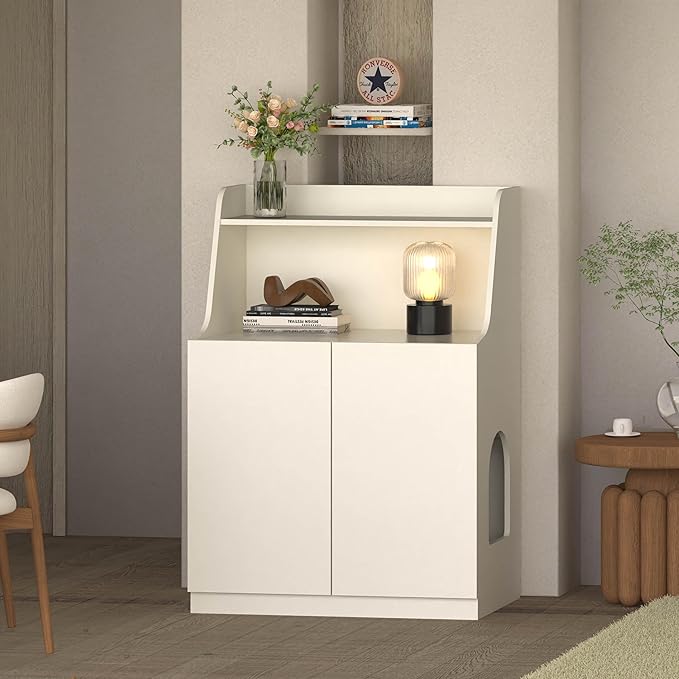 Large/Tall Litter Box Enclosure, Modern Wooden Litter Box Furniture for XL Litterbox with Open Shelf as Sideboard Cabinet (White)