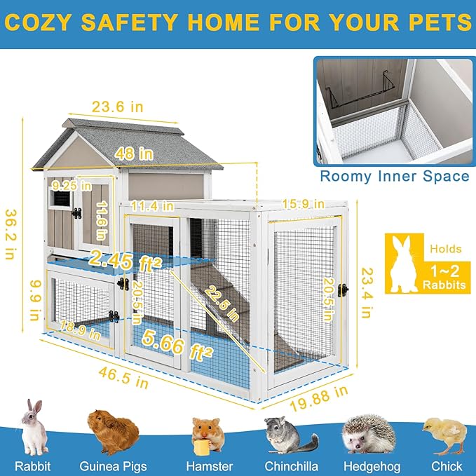 48" L Rabbit Hutch Outdoor Indoor Bunny Hutch Weatherproof, 2-Story Wood Rabbit Cage with Deep Tray, Chew-Resistant Ramp, UV Roof, Bunny House for Small Animal, Expandable Guinea Pig Cage