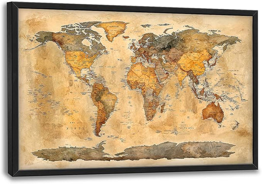 Extra Large World Map Framed Wall Art for Living Room,Oversized Vintage Map of The World Pictures Wall Decor,Canvas Print Painting Modern Artwork Bedroom Office Bathroom 36L" x 24W"