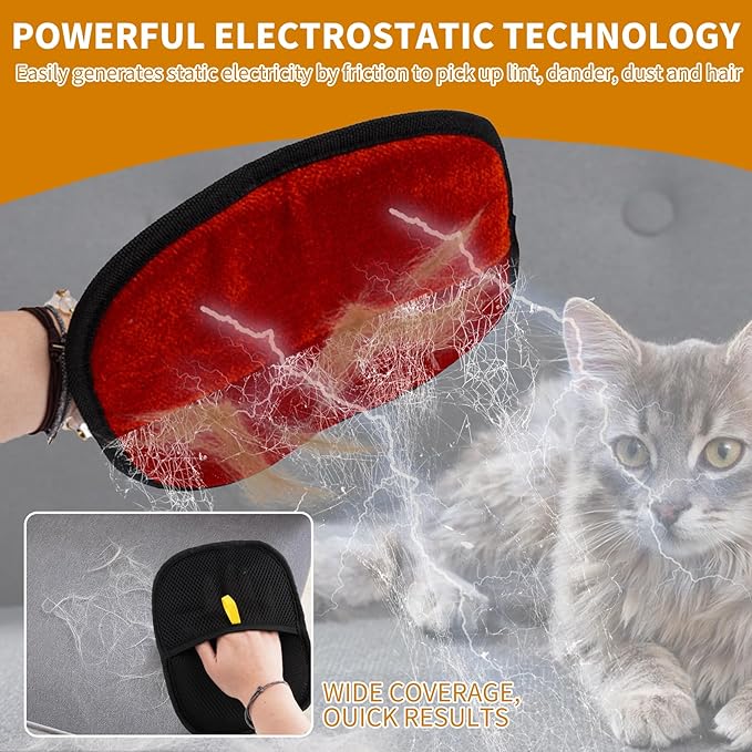 2PCS Electrostatic Pet Grooming Gloves, Reusable Hair Remover for Dog Cat Fur on Clothes Furniture Car Seat/Red