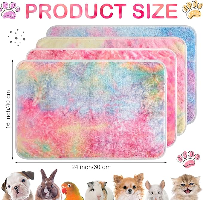 4 Pcs Waterproof Guinea Pig Blankets Washable Small Animal Fleece Bedding Absorbent Guinea Pig Cage Liners Reusable Pet Pee Pad Sleep Mat Pad Cover for Hamster Ferret (Tie Dye Pattern,24 x 16 Inch)