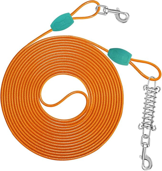 Petbobi Dog Tie-Out Cable 20ft - Outdoor Leash 4mm Metal Cable with Shock Absorbing Spring 360° Swivel Clips, Chain for Dogs Yard Camping, Fit Small Medium Large Pets Up to 60lbs, Orange