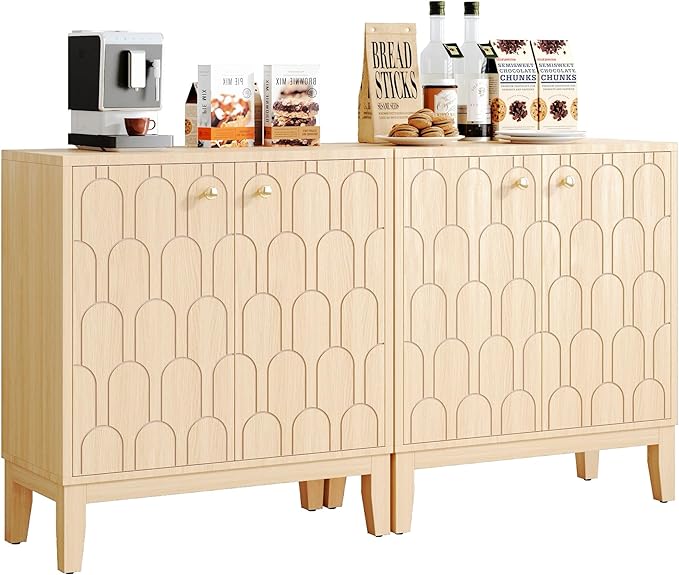 Farmhouse Storage Cabinet, Modern Buffet Sideboard with Doors, Fish Scale Pattern, Boho Cabinet for Dining Room, Natural, 2 Pieces