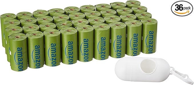 Amazon Basics Dog Poop Bags with Dispenser, 540 Count, Enhanced for Guaranteed Leakproof, Talcum Powder Scented, Includes Leash Clip