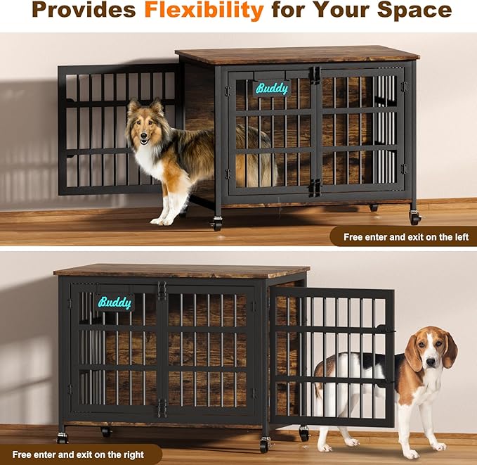 EasyCom 41"/33"/27" Dog Crate Furniture with Name Tag, Heavy Duty Dog Kennel Indoor for Medium Dogs, Double-Doors Sturdy Metal Dog Cage for Anxiety Dog, Decorate House as TV Stand, End Table