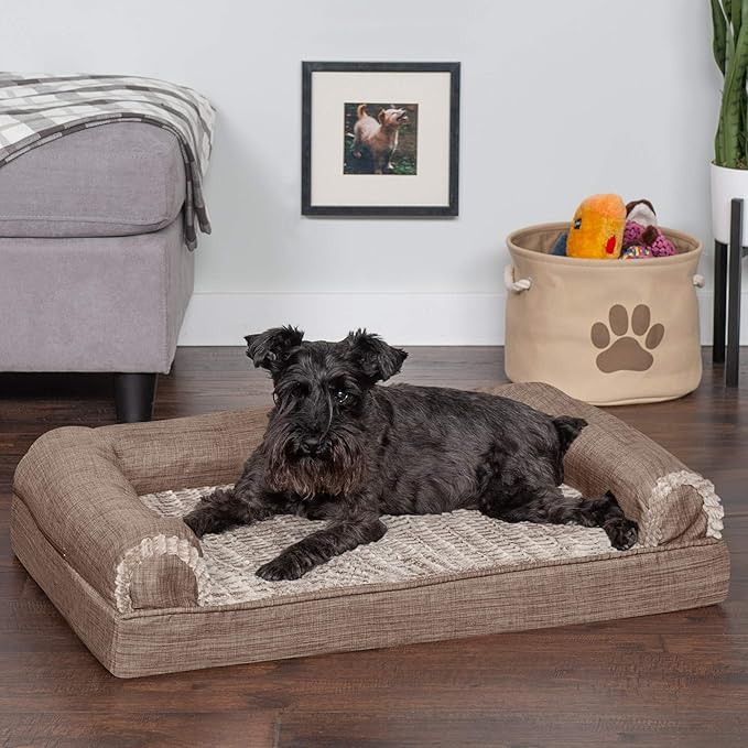 Furhaven Cooling Gel Dog Bed for Medium/Small Dogs w/ Removable Bolsters & Washable Cover, For Dogs Up to 35 lbs - Luxe Faux Fur & Performance Linen Sofa - Woodsmoke, Medium