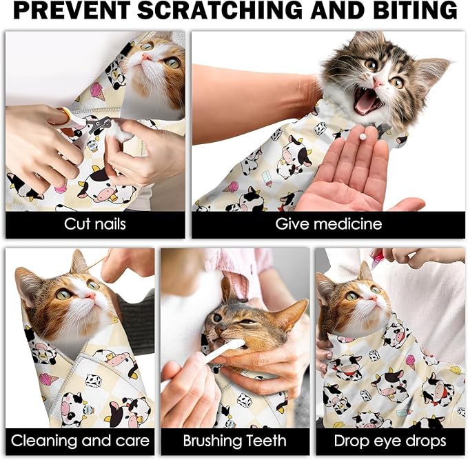 27.6" Cat Grooming Wrap, Self Adhesive Cat Wrap for Cutting Nails, Anti-Escape Calming Cat Swaddle Wrap for Medicine Ear Cleaning, Cartoon Cow Anti-Scratch Cats Burrito Restraint Blanket, Pet Tool