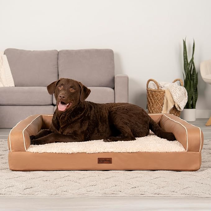 FurHaven Orthopedic Dog Sofa Bed – Memory Foam Couch with Bolsters, Textured Plush & Water-Resistant Cover, Washable Cover, Joint Support - Camel, Jumbo