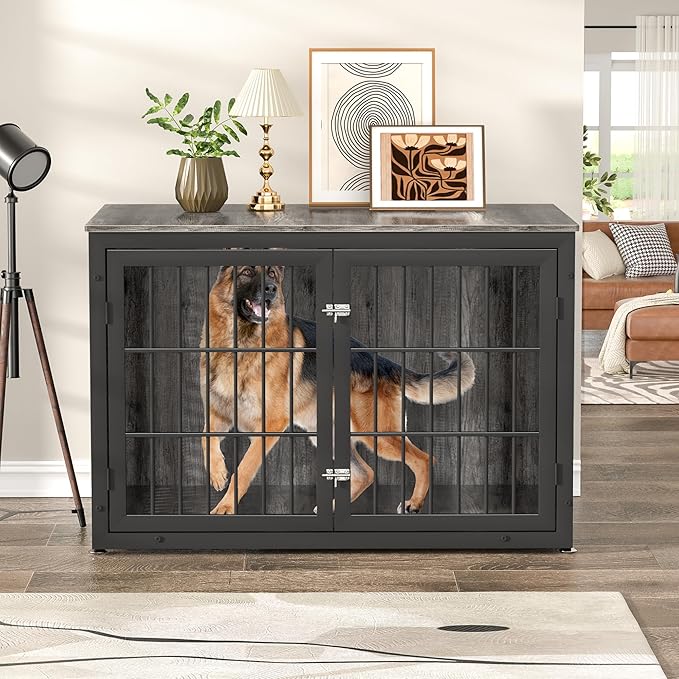 48" Heavy Duty Dog Crate Furniture for Extra Large Dogs, Metal Cage for High Anxiety Dogs, Wooden Kennel Furniture Indoor, Decorative Dog Kennel End Table, XL
