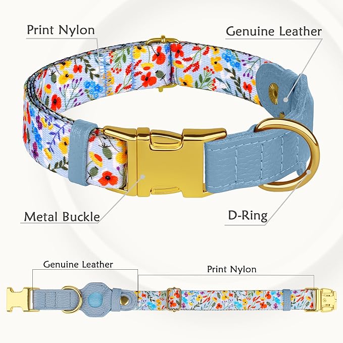 AirTag Dog Collar for Small Medium Large Breed - Adjustable Cute Pattern Dog Collar with Airtag Holder and Metal Buckle - Soft Leather Tracker GPS Apple Air Tag Pet Collars for Puppy Girl Boy Female