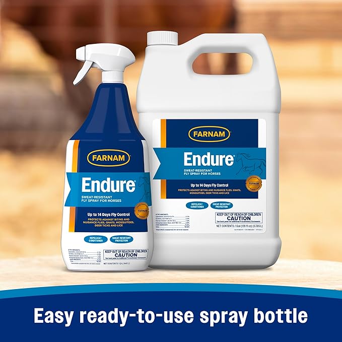 Farnam Endure Sweat-Resistant Fly Spray for Horses, Lasts Up to 14 Days, Protects Against Flies, Gnats, Mosquitoes, Ticks & Lice, 32 oz.