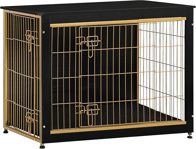 DWANTON Dog Crate Furniture with Cushion, Wooden Kennel Table with Double Doors, Indoor Dog House, Large Size, 38.5" L, Black+Gold