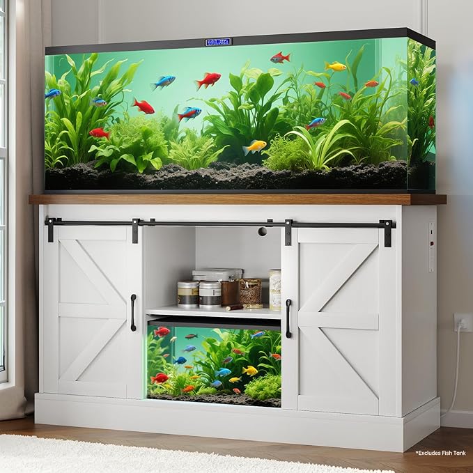 Fish Tank Stand Up to 75 Gallon, Aquarium Stand with Sliding Barn Doors & Power Outlet, White Farmhouse Style Stand with Cabinet Storage for Fish Tank, Turtle Tank, Reptile Terrarium,1000LBS Capacity