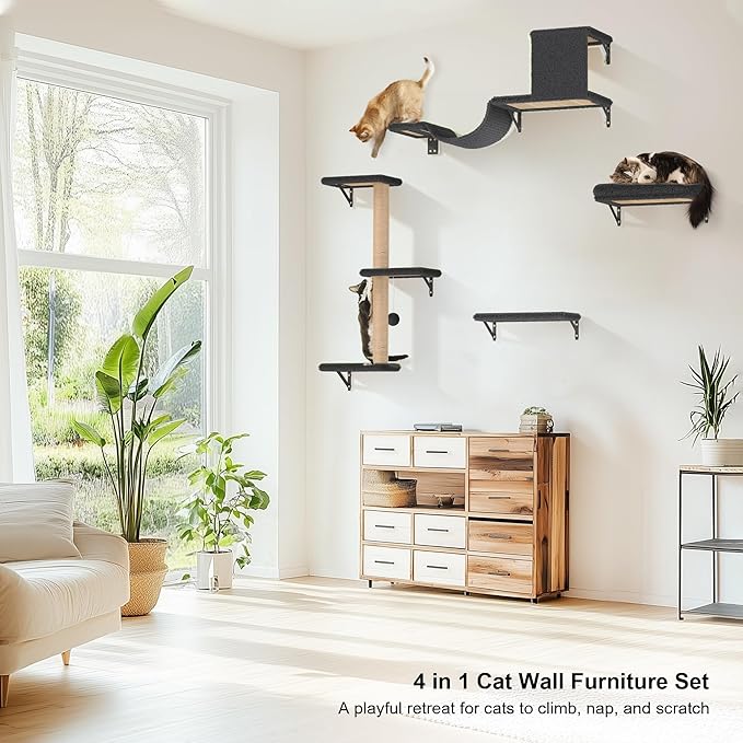 FUKUMARU Cat Wall Shelves, Stable & Safe 4 in 1 Cat Furniture Set, Wooden Climbing Wall with Scratching Post for 16 Inch Drywall - Gray
