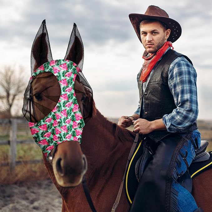 Frienda 4 Pieces Horse Fly Masks with Ears Face Covering UV Protection from Insect Pests Elasticity Smooth Comfortable Mesh Horse Mask Accessories(Fruit,Large)