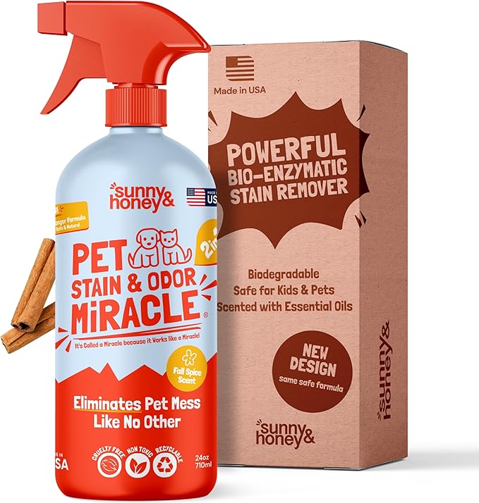 Sunny & Honey Pet Stain & Odor Miracle – Enzyme Cleaner for Dog and Cat Urine, Feces, Vomit, Drool – Fall Spice Scent Carpet Stain Remover – 32 fl oz