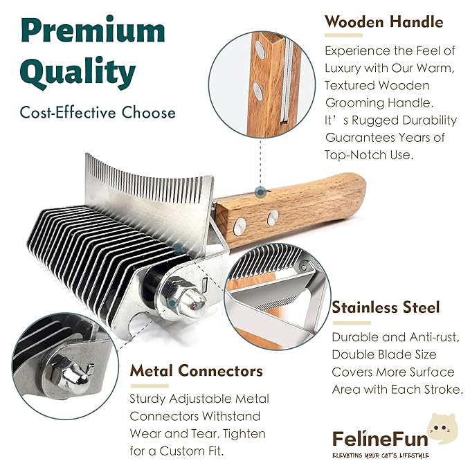 FelineFun Cat Brush for Dematting & Deshedding, 2 in 1 Undercoat Rake, Efficiently Remove Loose Hair & Matted Fur, Professional Shedding Comb for Indoor Cats & Long Haired Cats