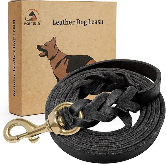 FAIRWIN Leather Dog Leash 6 Foot - Braided Military Grade Heavy Duty Dog Leash for Large Medium Small Dogs Training and Walking (Black, M:5/8" x 6ft)