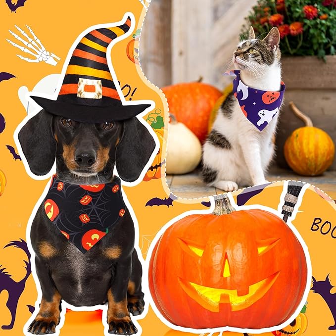 Abbylike 50 Pcs Halloween Dog Bandanas Bulk Pumpkin Bandanas for Dogs Triangle Kerchief Bibs Scarf Set for Pet Halloween Costume Photo Props Accessories Pet Shops, 25 Styles (25.6 x 17.7 x 17.7")