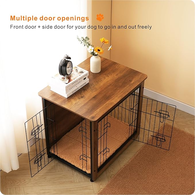 DWANTON Dog Crate Furniture with Cushion, Wooden Kennel Table with Double Doors, Indoor Dog House, Small/Medium/Large Size, 27.2" L, Warm Brown