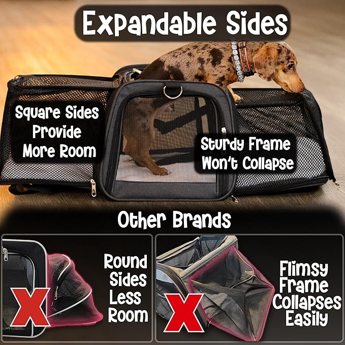 Pet Carrier with Wheels | United Delta American Frontier Airline Approved | Two Expandable Sides, Storage Pockets Adjustable Leash | Rolling Dog and Cat Carrier TSA Compliant (Charcoal)