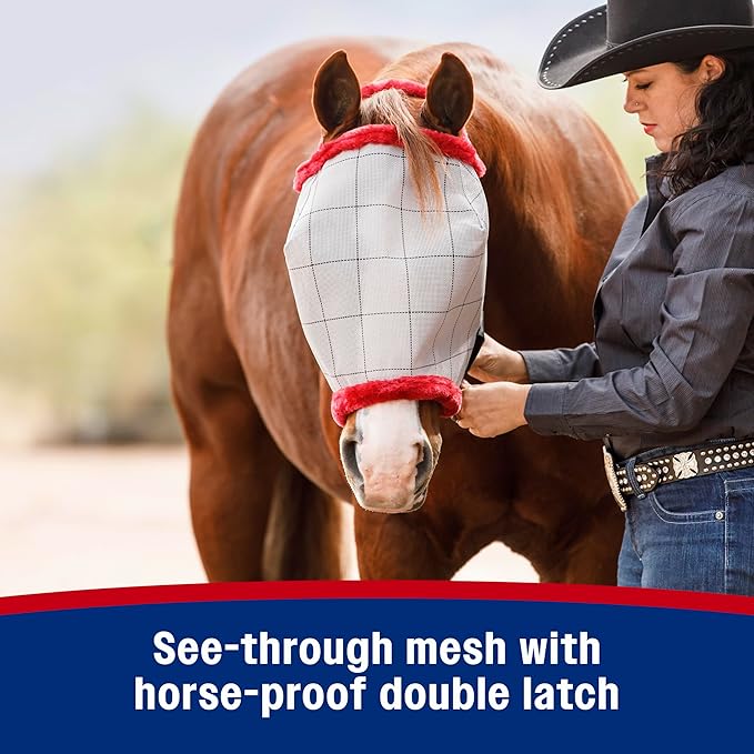 Farnam SuperMask II horse fly mask without ears, extended coverage, protects eyes from insects and debris, adjustable throat latch, Average Horse Size