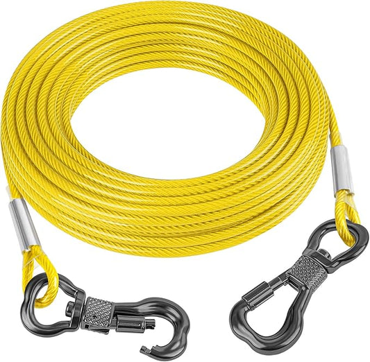 Tresbro 15FT Reflective Tie Out Cable for Dogs Up to 250 Pounds, Steel Wire Lead Leash Cable with Stainless Rotatable Buckle, Lightweight and Enduring, Dog Chains Outside for Outdoor, Yard, Yellow