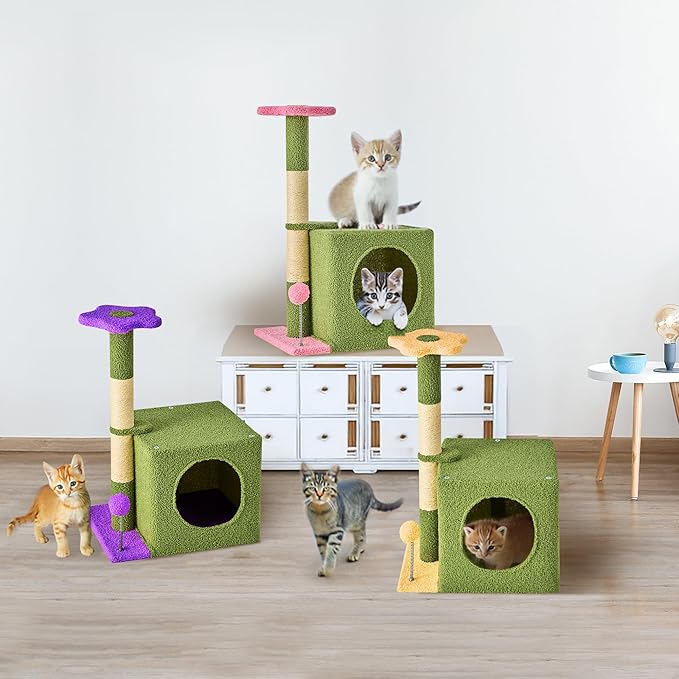 24 Inch Cat Tree Condo for Indoor Cats with Floral Sisal Scratching Post, Plush Hang Ball Play Furniture for Kittens Cats, Pink