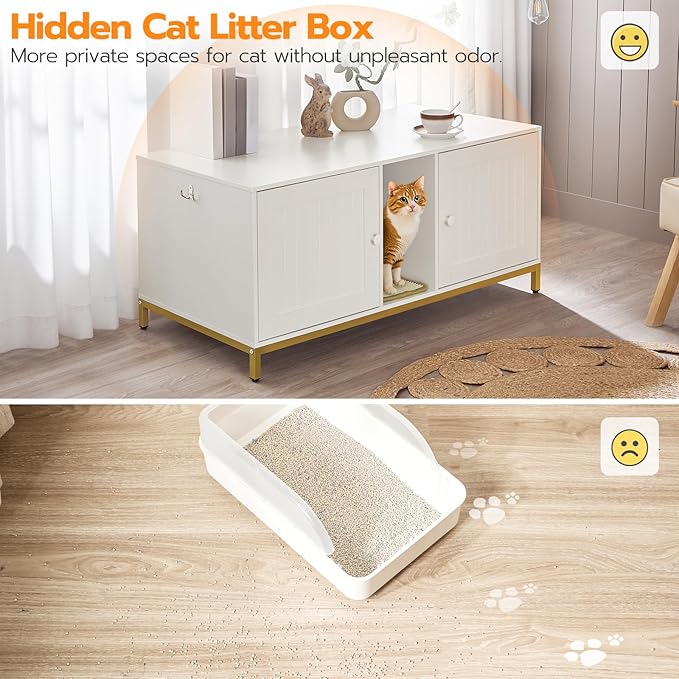 HOOBRO 44" Cat Litter Box Enclosure for 2 Cats, Double Cat Litter Box Furniture Hidden, TV Stand Litter Box Enclosure with Cat Scratching Mat, Cat House, Cat Washroom Cabinet, White, Gold DW20MW01