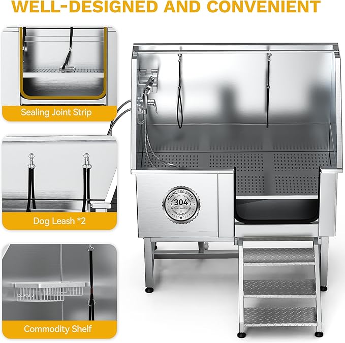 DWVO Professional Pet Dog Bathing Station for Grooming, 50'' Dog Grooming Bathtub with Right Staris, Floor Grate, Faucet, Showerhead & Soap Holder for Large, Medium & Small Pets