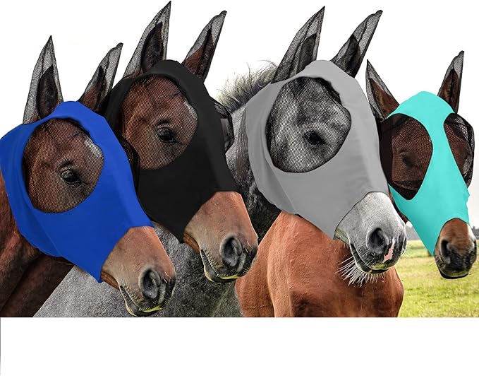 Frienda 4 Pcs Horse Fly Masks with Ears Head Fly Masks for Horses Smooth Elastic UV Protection Cover from Summer Insect Pests(Medium,Black, Gray, Blue, Mint Green)