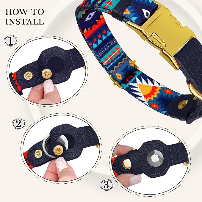 AirTag Dog Collar for Small Medium Large Breed - Adjustable Cute Pattern Dog Collar with Airtag Holder - Soft Leather Tracker GPS Apple Air Tag Pet Collars (X-Large, 20"-25" Neck Fit, Navajo)
