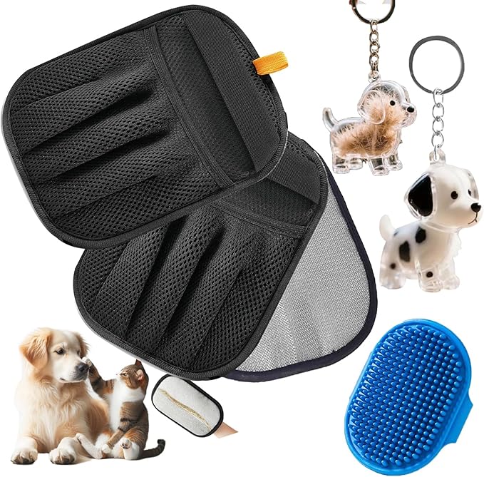 2Pcs Five-Finger Pet Hair Removal Glove for Dogs,Reusable Cat Grooming Gloves,Pet Hair Collector Keychain,Electrostatic Pet Hair Removal Tool for Furniture,Car,Couch,Carpet,Essential Pet Supplies