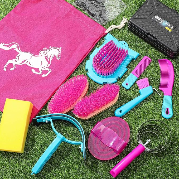 Abbylike 12 Pieces Horse Grooming Kit Racing Festival Tack Room Supplies Horse Brush Sets Equine Care Cleaning Kit Shedding Grooming Massaging Tools(Rose Red)