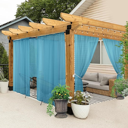 HolidayIdeas All Weather Outdoor Patio Curtains 6 Pcs Linen Look Rod Pocket Sheer Outdoor Curtains for Pool Side, Porch, Balcony, Pergolas,Cabana, Aqua,54x84 Inch