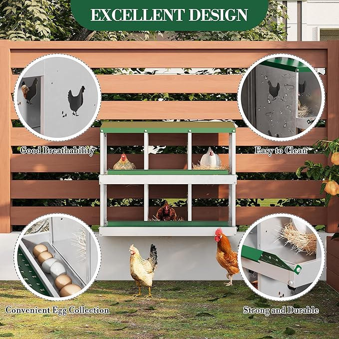 6 Hole Chicken Nesting Box with Roll Out Egg Tray, Rustproof & Ventilated Chicken Laying Boxes for Hens, Chickens, Ducks | Easy-Clean Poultry Coop Accessories