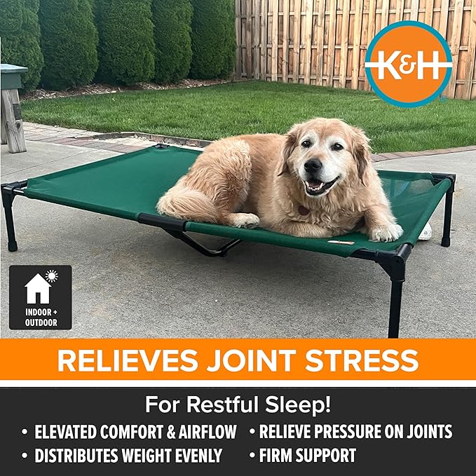 K&H Pet Products Cooling Elevated Dog Bed, Outdoor Raised Cot with Waterproof Breathable Mesh for Large Dogs, Portable Place Bed with Heavy-Duty Metal Frame, Big Hammock Style - Large Green