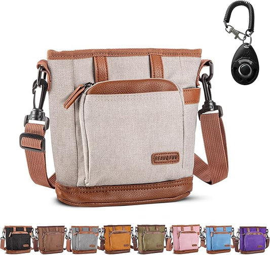 BEAU&FUR Large Dog Treat Pouch with Clicker for Training – 4 Cup Capacity, Built-in Poop Bag Dispenser, Expandable Pocket, Metal Buckle, Large Back Pocket, Ideal Design for Walks and Training – Cream