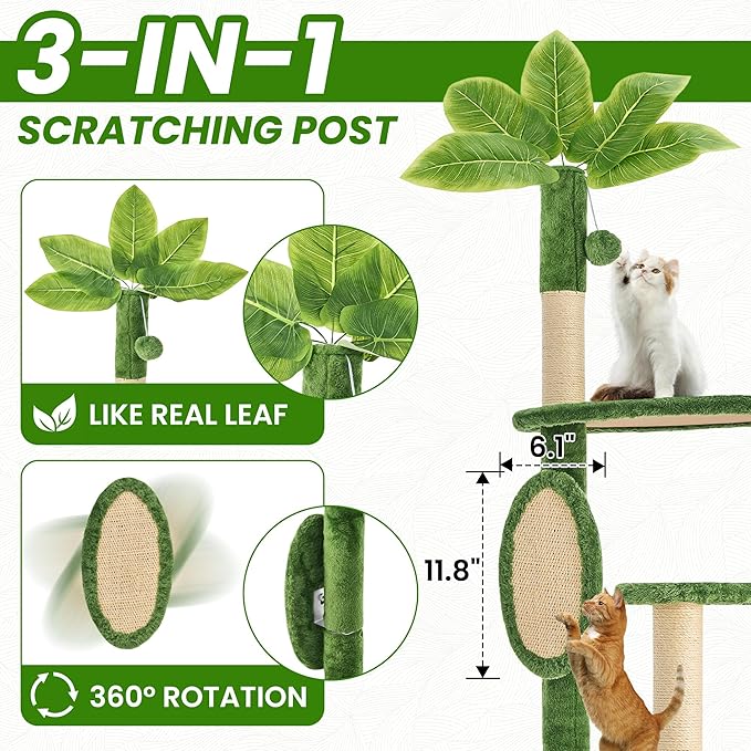 55 Inch Large Cat Tree Tower for Indoor Cats with Hammock Green Leaves Sisal Scratching Post, Plush Hang Ball Play Furniture for Kittens & Adult Cats,New Green