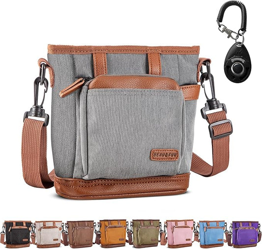BEAU&FUR Large Dog Treat Pouch with Clicker for Training – 4 Cup Capacity, Built-in Poop Bag Dispenser, Expandable Pocket, Metal Buckle, Large Back Pocket, Ideal Design for Walks and Training – Grey