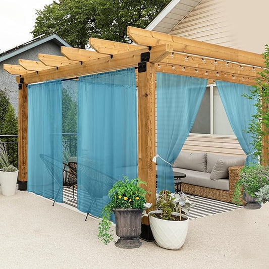 HolidayIdeas All Weather Outdoor Patio Curtains 6 Pcs Linen Look Rod Pocket Sheer Outdoor Curtains for Pool Side, Porch, Balcony, Pergolas,Cabana, Aqua,54x95 Inch