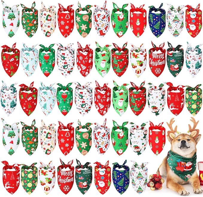 Abbylike 50 Pieces Christmas Dog Bandanas Bulk Xmas Bandanas for Dogs Dog Triangle Kerchief Bibs Scarf Set for Christmas Pet Costume Accessories Decoration (25.6 x 17.7 x 17.7)