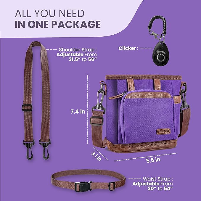 BEAU&FUR Large Dog Treat Pouch with Clicker for Training – 4 Cup Capacity, Built-In Poop Bag Dispenser, Expandable Pocket, Metal Buckle, Large Back Pocket, Ideal Design for Walks and Training – Purple